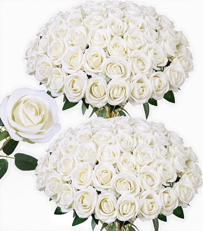 50 PCS Ivory Roses Artificial Flowers, Fake Roses with Stem Realistic Silk Roses for DIY Wedding Bouquets Tables Centerpieces Arrangements Baby Shower Birthday Home Decor Valentine's Day Gift for Her