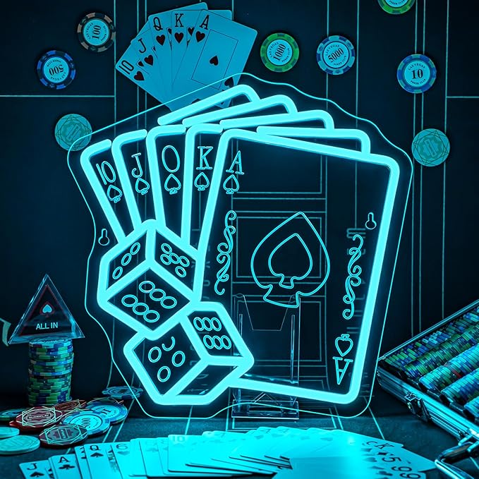 Gamerneon Blue Poker Neon Signs Dice Neon Signs Wall Decor Straight Flush Led Light for Bedrooms Bar Clubs Casinos Hotels Game Room Man Cave Party Decorations