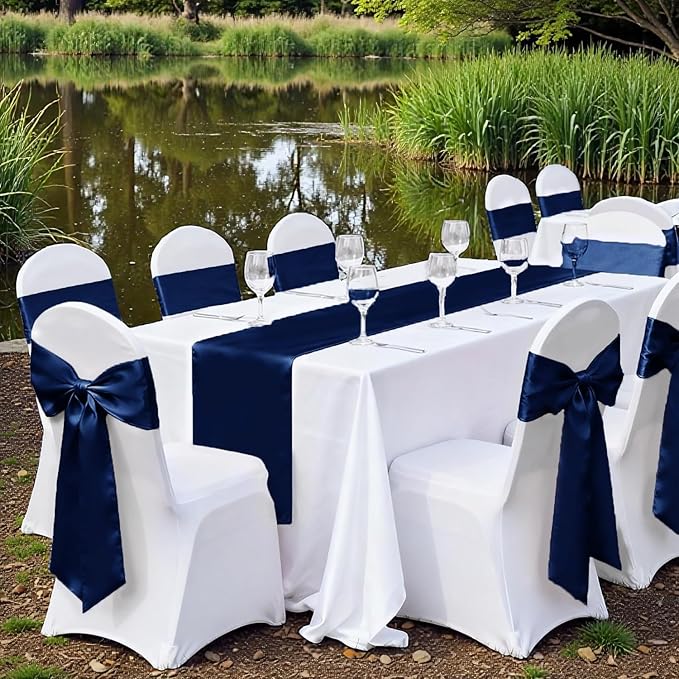 VDS Satin Chair Sashes Chair Cover Back Tie Sateen Bows Ribbon for Wedding Birthday Graduation Engagement Ceremony Event Party Banquet Venue Hotel All Dining Chair Decoration (100PC) (Navy Blue)