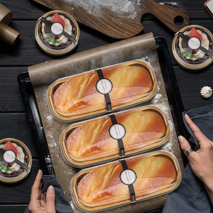 Suclain 600 Pcs Black and Gold Mini Loaf Pans with Lids and Spoons Sealing Stickers 6.8oz Disposable Aluminum Foil Muffin Baking Pans 5oz Cupcake Cups Cake Containers for Holidays Party Picnics