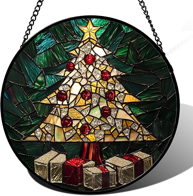 Stained Glass Window Hanging -Golden Christmas Tree Suncatcher for Doors Home Christmas Decoration Winter Sun Catcher Thanksgiving New Year Birthday Gifts for Women Men Mom Nana Girl 15 in