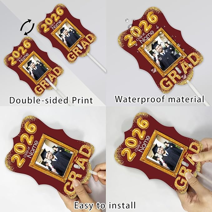Personalized Graduation Double Sided Face Fan Class of 2026 Customized Graduation Head Face Cutout with Handle Fun Photo Prop Supplies(A-Maroon and Gold,24pcs)