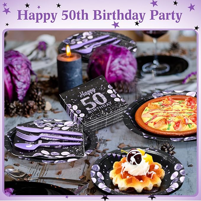 Pickmesh 400 Pcs 50th Birthday Party Supplies Purple Black Happy 50th Birthday Decorations Include Disposable Paper Plates Napkins Cups Cutlery for Men Women Party Decorations Serve 50