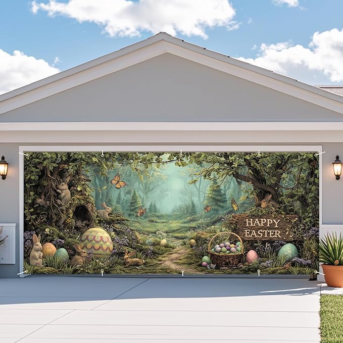 Happy Easter Woodland Scene Garage Door Banner 7x16FT, Bunny & Colorful Easter Eggs Garage Door Cover, Outdoor Spring Decor for Yard, Garage & Front Door