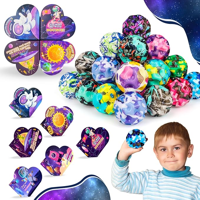 24 Pack Valentines Day Gifts for Kids, 24 Moon Bouncy Balls with Valentines Day Cards for School Class Exchange Goodies Bag Stuffers Classroom Party Favors