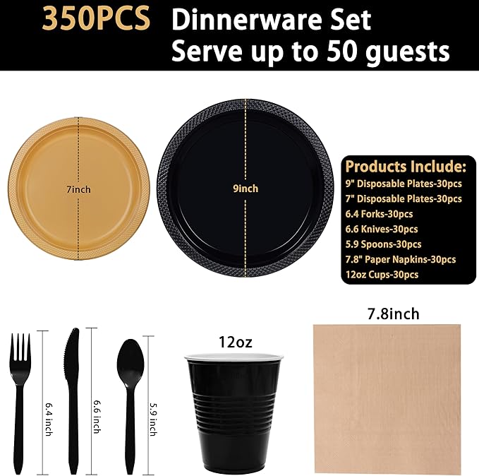 MirthMood 350PCS Black and Gold Plastic Plates,Black Disposable Plates –Plastic Plates Set Includes 50 Dinner,50 Dessert Plate,50 Cup&50 Napkins, 50 Black Silverware for Wedding& Parties