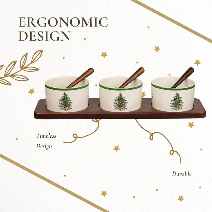 Portmeirion Spode Christmas Tree Holiday Serving Dishes - 7-Piece Set, Beige/Green, Ceramic Serving Bowl - Dip Bowls - Holiday Dinnerware, Dishwasher and Microwave Safe, Festive Tableware