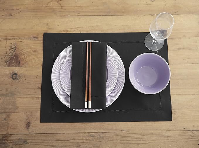 Solino Home Black Placemats Set of 6 - Cotton Linen Hemstitch Placemats 14 x 19 Inch for Winter, Spring, Easter