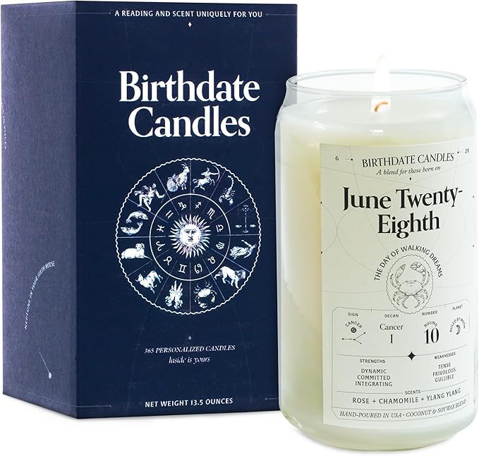 Birthdate Candles, June 28 - Cancer Zodiac Scented Candles Birthday Gift - Rose, Chamomile & Ylang Ylang Scent - All-Natural Soy & Coconut Wax, 60-80 Hour Burn Time - Made in USA
