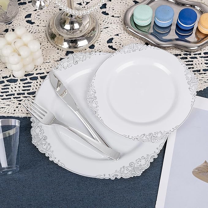 YOUBET 600PCS Silver Plastic Plates - White and Silver Disposable Plates - Silvery Plastic Dinnerware Set - Include 200 Plates, 300 Heavy Duty Silverware, 100 Cups for Wedding & Party