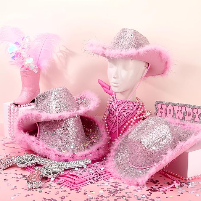 Coume 12 Pcs Sparkly Adults Cowboy Hat and Bandanas Women Men Western Glitter Cowgirl Party Hats with Adjustable Drawstring