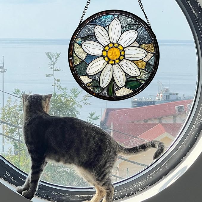 Stained Glass Window Hanging - Yellow White Daisy Birth Flower Suncatcher for Door Garden Yard Sun Catchers Decor Christmas Mother's Day Birthday Gifts for Teacher Women Mom Nana 11.8 in
