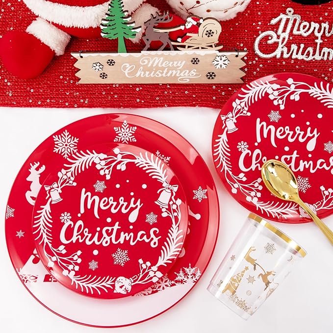 LIYH 150 Pcs Plastic Christmas Dinnerware Set, Red Christmas Plates with Reindeer Design, Gold Plastic Silverware, Xmas Gold Cups, Festive Holiday Tableware Party Supplies