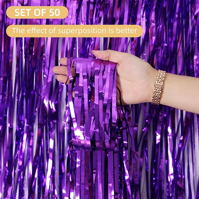 Purple Foil Fringe Curtains 50 Pack 3.2ft x 8.2ft Fringe Backdrop Curtains Metallic Tinsel Streamer Photo Backdrop for Birthday Party Decorations Halloween Christmas Party Supply (Purple)