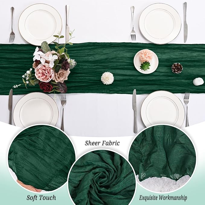 24 Pack Emerald Green Cheesecloth Table Runner 120 inch Fall Thanksgiving Boho Rustic Gauze Farmhouse 10FT Cheese Cloth Runner for Baby Shower Wedding Party Holiday Home Decor