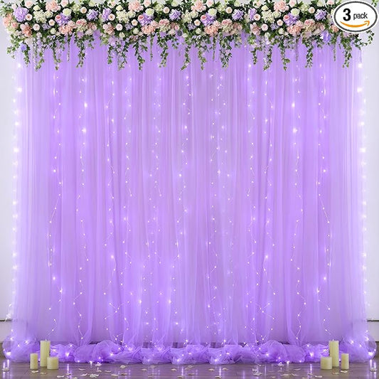 Lavender Sheer Backdrop Curtain with Led Lights for Baby Shower Girls Wedding10ft X 10ft Lavender Tulle Backdrop Curtain for Bridal Shower Birthday Party Photoshoot Arch Background Decorations