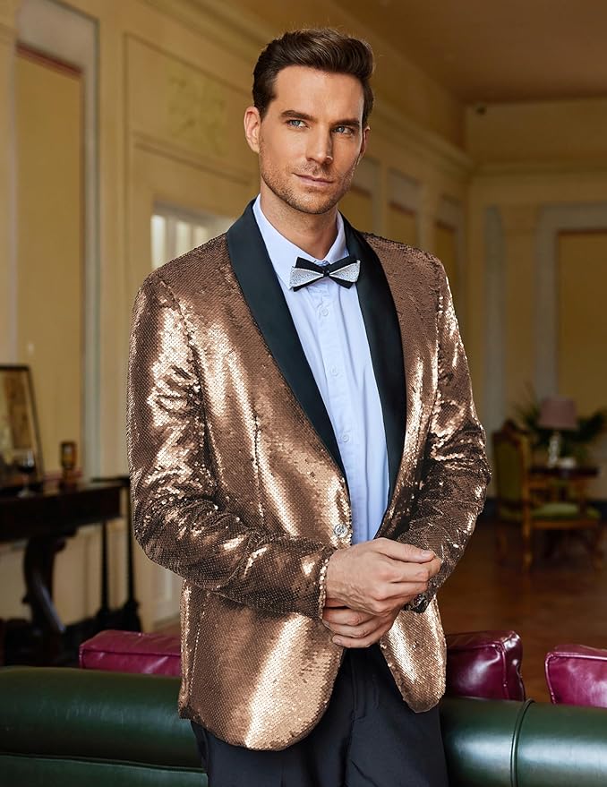 COOFANDY Mens Shiny Sequin Blazer Tuxedo Party Dinner Prom One Button Suit Jacket