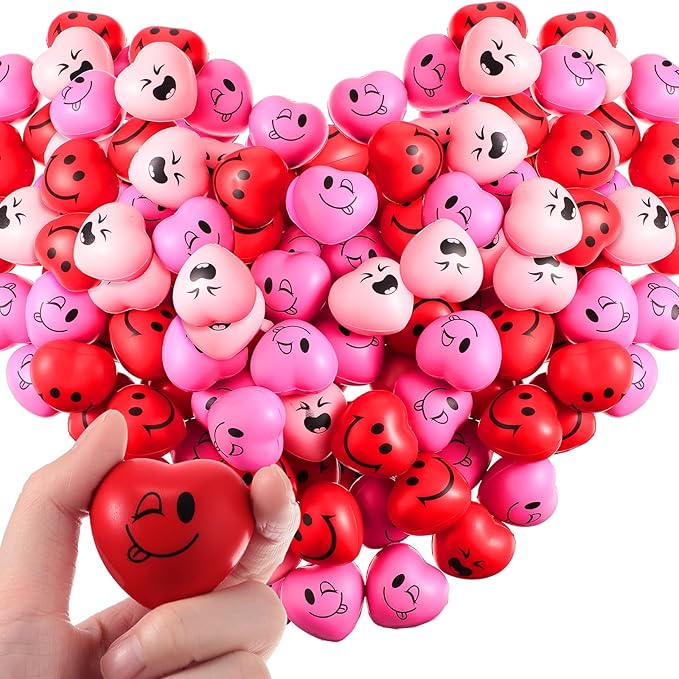 BBTO 150 Pcs Valentine's Day Stress Relief Balls 3 Styles Heart Smile Face Foam Balls Stress Relief Toys Party Favors for Teens Adults Student School Prizes Gift Bag Fillers (Red and Pink)