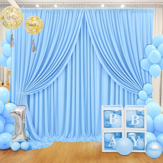 40ft x 10ft Wrinkle Free Baby Blue Backdrop Curtain for Boy Birthday Party,8 Panels 5×10ft Soft Silky Polyester Blue Photo Backdrop Drapes for Baby Shower Gender Reveal Wedding Photography