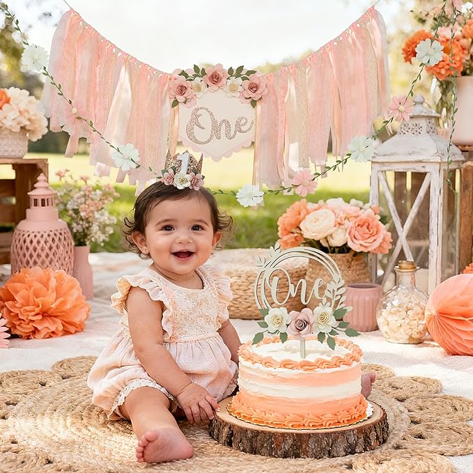 First Birthday Decorations for Girl Light Pink High Chair Banner One Flower Cake Topper Floral Hat Wildflower Garland 1st Birthday Decoration Supplies