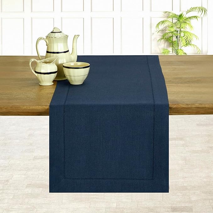 D'Moksha Homes Linen Navy Blue Table Runner 72 Inches Long - 100% Pure Linen Hemstitch Table Runner 14 x 72 Inch for Dresser, Dining, Easter - Classic Hemstitch