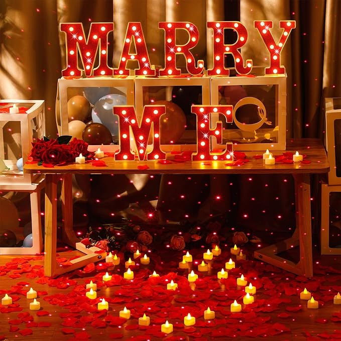 Hortsun Marry Me Light up Letters Proposal Decorations Will You Marry Me Sign Rose Petals 24 LED Candles Romantic Night Light for Proposal Engagement Wedding Anniversary Valentine's Day(Red, Yellow)