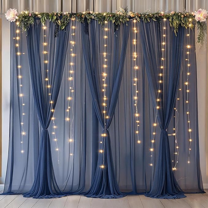 20x10ft Navy Blue Tulle Backdrop Curtain with Lights String for Parites, Sheer Photo Backdrop Curtains with Lights for Wedding Backdrop Ceremony Reception Bridal Shower Baby Shower Birthday Party