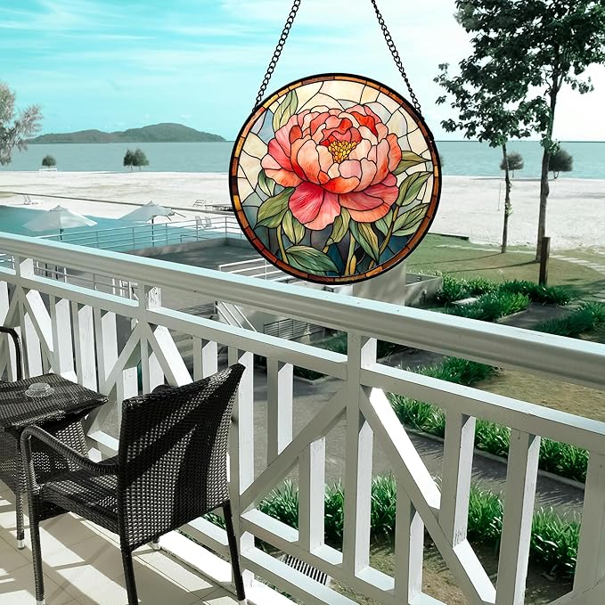 Stained Glass Window Hanging - Pink Peony Floral Suncatcher for Door Garden Yard Birth Flower Sun Catchers Decor Christmas Mother's Day Birthday Gifts for Women Mom Nana Wife Teacher 15 in