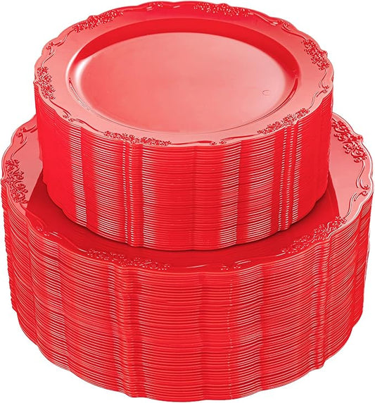 U-QE 100PCS Red Plastic Plates - Heavy Duty Valentines Plates Disposable, Red Plates Disposable Include 50PCS 10.25" Dinner Plates and 50PCS 7.5" Dessert/Salad Plates for Valentine's Day, Party
