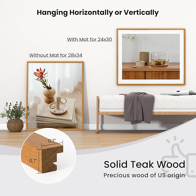 Axeman 28x34 Frame - Solid Teak Wood 28x34 Poster Frame With Mat for 24x30, 34x28 Wood Picture Frame, Tempered Glass and Hanging Hardware Included Home Decor Art Hanging Frame, Natural Teak