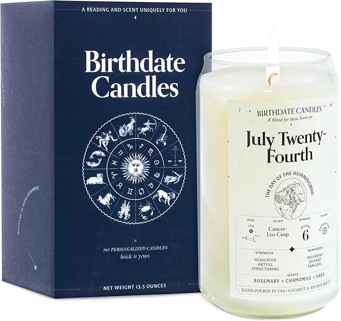 Birthdate Candles, July 24 - Leo Zodiac Scented Candles Birthday Gift - Rosemary, Chamomile & Shea Scent - All-Natural Soy & Coconut Wax, 60-80 Hour Burn Time - Made in USA