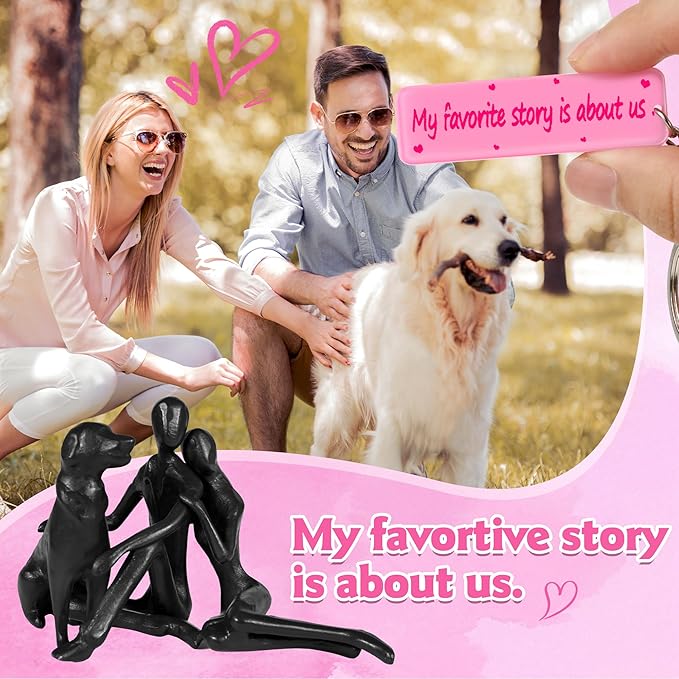 Sweet Couple & Dog Statue Cast Iron Sculpture Decor, Wedding Anniversary Love Gifts for Couple Women Men Wife Husband Her Him Girlfriend Boyfriend, Valentines Gifts for Her Wife Him