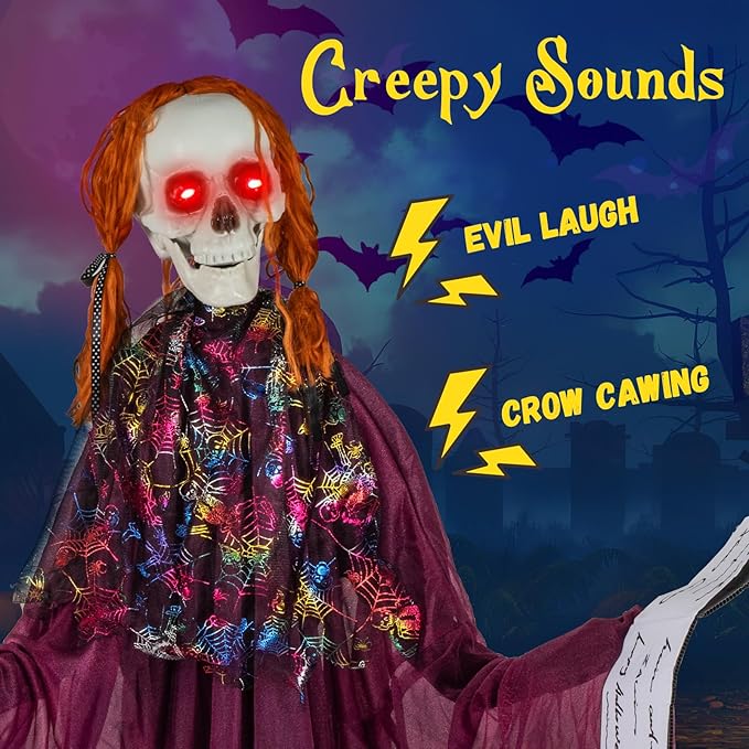 BECOMFORT 6 FT Halloween Animatronics, Sound-Activated Skeleton Girl with Book, Glowing Eyes, Howling Sounds, Moving Head & Posable Arms, Animated Halloween Props Decoration for Indoor & Outdoor