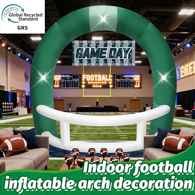 8FT Green and White Football Helmet Inflatable Arch with Game Day Banner, Giant Outdoor Blow Up Football Helmet with Built-in 3 LED Lights for Football Themed Birthday Party Lawn Yard Decoration