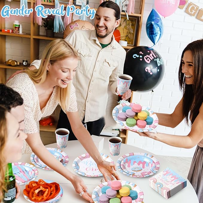 Pickmesh 400 Pcs Donut Themed Gender Reveal Party Supplies Include Boy or Girl Disposable Paper Plates Napkins Cups Cutlery for Blue Pink Gender Reveal Baby Shower Table Decorations Serve 50