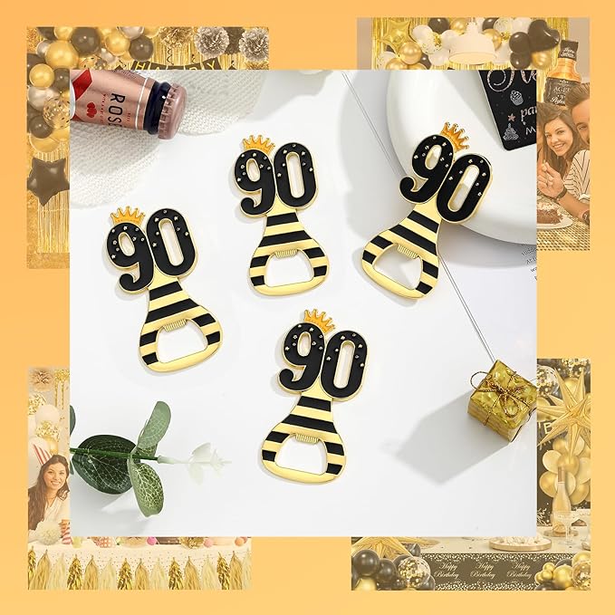 24pcs 90th Gold Keychain Bottle Opener 90th Birthday Party Favors, 90 Keychain Beer Bottle Opener Favors Anniversary Souvenirs Return Gifts for Guests Party Decor Supplies (black 90)