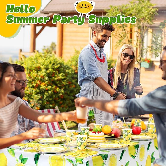 452 Pcs Lemon Party Decorations, Yellow Lemons Paper Plates Napkins Cups Tablecloth Cutlery Straws for Summer Fruit Theme Birthday Wedding Baby Shower Party Supplies, Serves 50