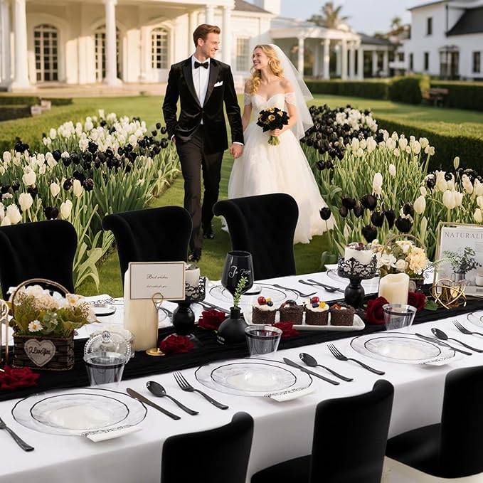 LIYH 700 Pcs Clear Black Plastic Dinnerware Set for 100 Guests, Disposable Plastic Wavy Black Plates for Party Include Dinner & Dessert Plates, Napkins, Cups, Cutlery for New Years Day