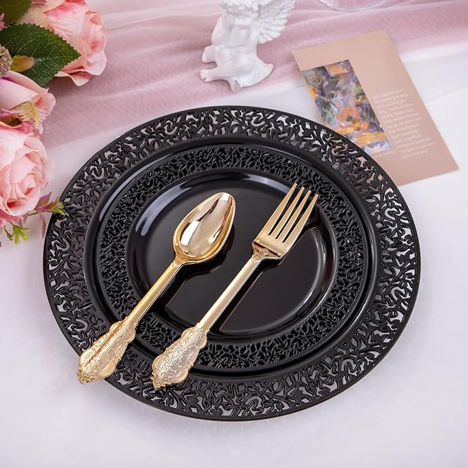 U-QE 150PCS Black Plastic Plates with Gold Plastic Silverware, Black Plates Disposable for Party Include 30 Dinner Plates 10.25", 30 Salad Plates7.5", 30 Forks, 30 Knives, 30 Spoons