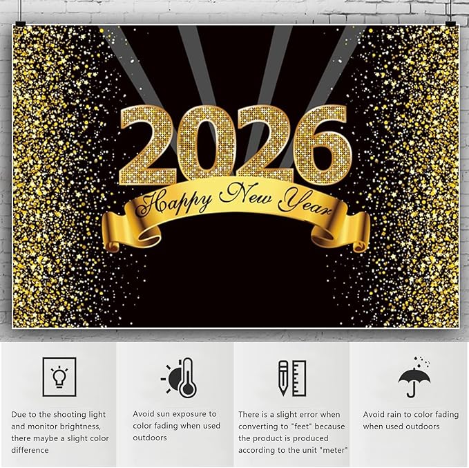 YongFoto 2026 Happy New Year Backdrop 20x10ft Black Gold Photography Background Merry Christmas Night Festival Carnival Celebration Party Banquet Decor Banner Photoshoot Wallpaper Photo Booth