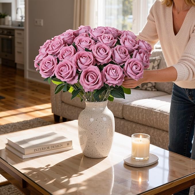 50 PCS Dusty Roses Artificial Flowers, Fake Roses with Stem Realistic Silk Roses for DIY Wedding Bouquets Tables Centerpieces Arrangements Baby Shower Birthday Home Decor Valentine's Day Gift for Her
