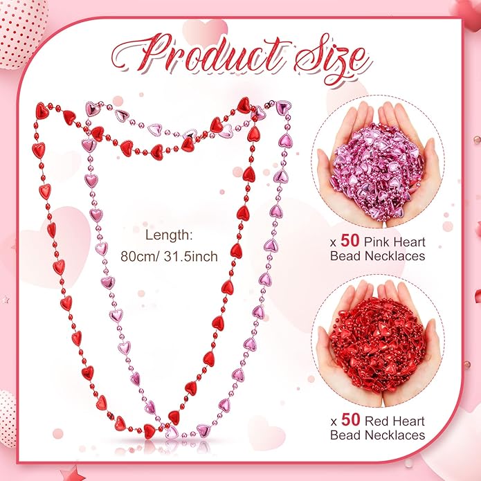 Batiyeer 100 Pieces Valentine's Day Heart Beads Necklaces Bulk Heart Shaped Beads Necklaces Gift Valentine's Day Party Jewelry Set for Parade Throws Party Favors
