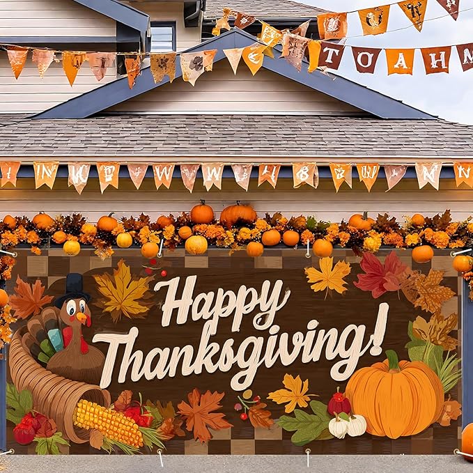 ANNA QUEEN Happy Thanksgiving Garage Door Banner 6 x 13FT, Cornucopia and Pumpkins on Woodgrain, Fall Outdoor Garage Decoration for Parties Home Rustic Decor