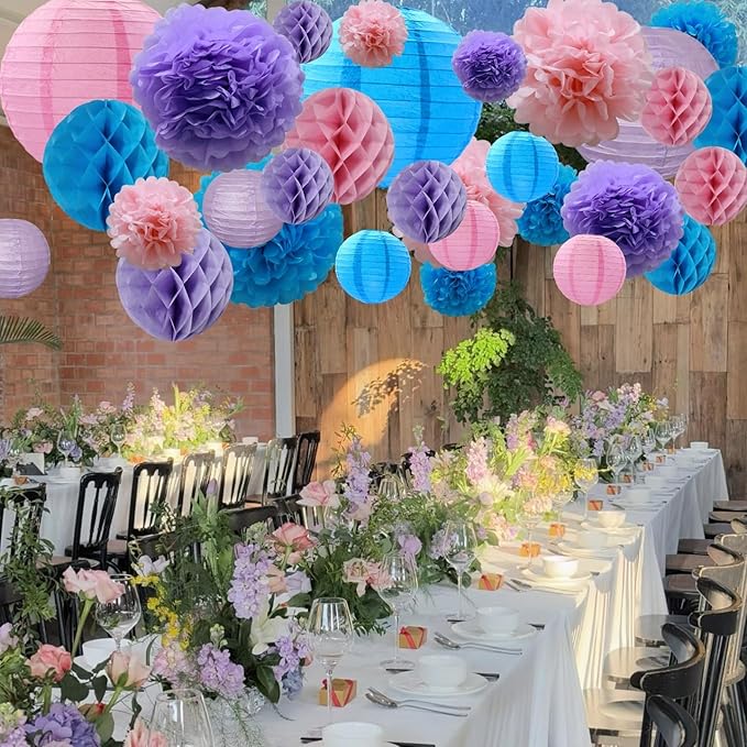 WOLHOWLTD Mermaid Theme Paper Decoration Set - 33 Pcs Paper Lanterns, Pompoms, Honeycomb Decorations for Mermaid Theme, Baby Shower,Wedding Rainbow Birthday Party Home Decoration(Pink Blue Purple)