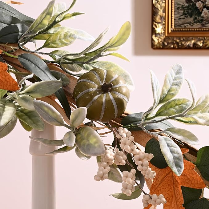 Fall Decor,Fall Garland for Mantel, 6 FT Fall Garland with Light, Lighted Autumn Garlands with Faux Lamb's Ear & Pumpkins, Thanksgiving Table Centerpiece, Fall Decorations for Home Porch Fireplace