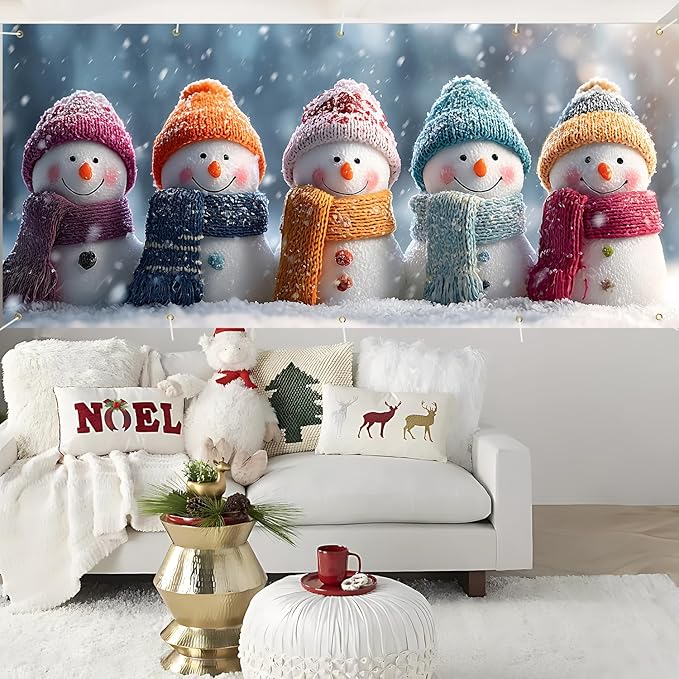 Christmas Garage Door Banner 7x16FT, Colorful Snowmen Family with Winter Scarves, Large Outdoor Xmas Garage Door Cover, Decoration for Driveways, Holiday Parties and Winter Festivities