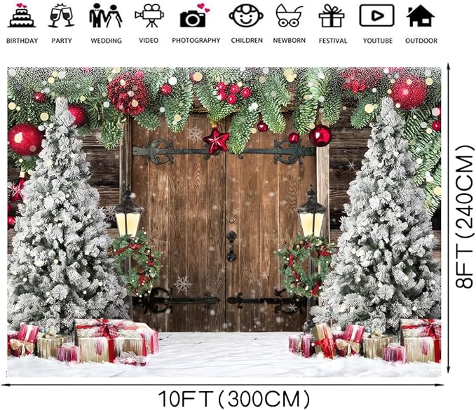 8x10ft Christmas Backdrop Snowy Wooden Door Background Pine Garland Christmas Trees Gifts Lanterns Red Gold Ornament Winter Photography Backdrop Xmas Party Banner Home Wall Decoration 114
