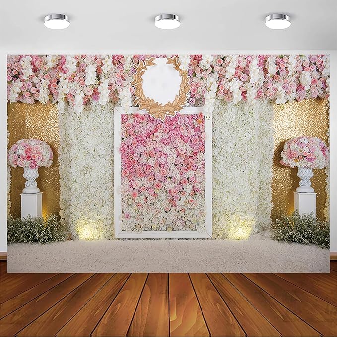 10x8ft Pink Flower Wall Photography Backdrop Proposal Ceremony Wedding Floral Photography Background Women Girl Birthday Party Bridal Shower Decor Banner Photo Booth Props