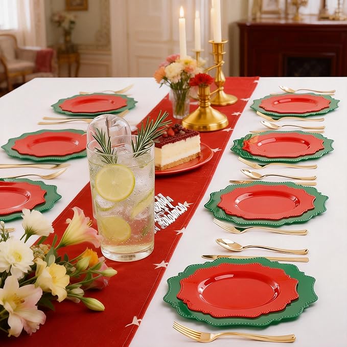 COLOSUS 100pcs Red and Green Plastic Plates, Red and Green Christmas Plastic Plates, Heavy Duty 25 Green/Red Dinner plate 10.5” and 25 Red/Green Salad/Dessert Plate 8.25” suite for Festival
