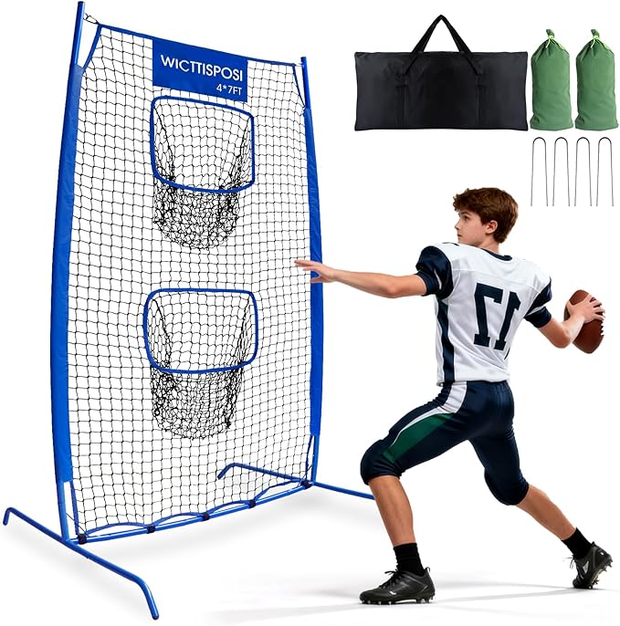 Football Throwing Net, Upgrade Heavy Duty Metal Frame Quarterback Training Equipment Throwing Machine with 1-4 Targets, Easy Setup Football Target Practice with CarryBag, Allweather Indoor Outdoor Use